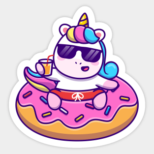 Cute Unicorn Swimming With Donut Balloon And Holding Juice Sticker